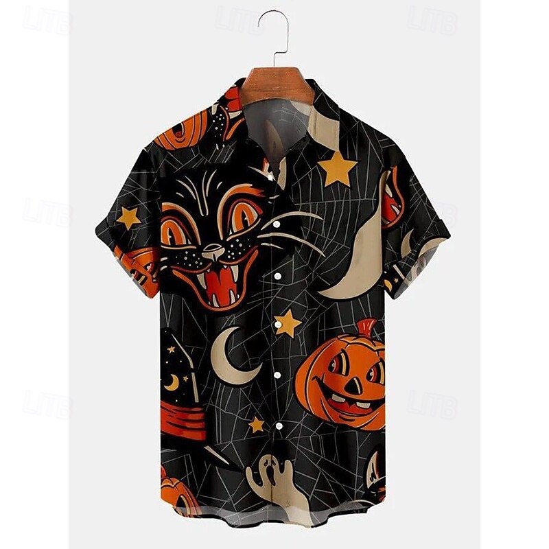 Halloween Men's Grimace Lantern Face Shirt Summer Shirt Casual Shirt Short Sleeves Horror Vacation Daily Wear Theme Party Spring & Summer Lapel Print Black Grey Black White Black / Orange Orange2