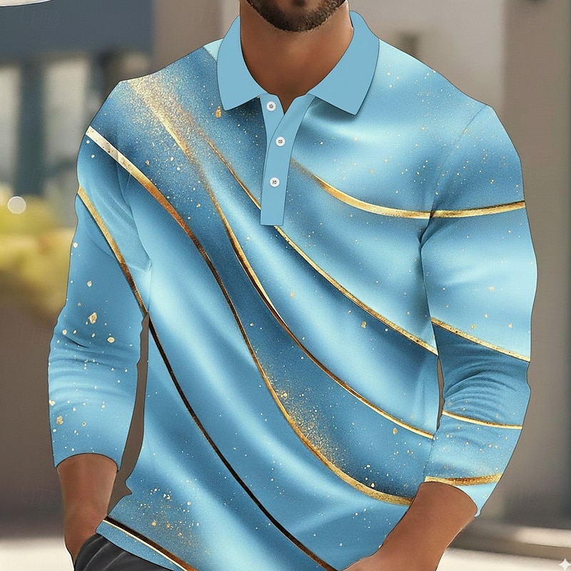 Men's Abstract Geometic Polo Long Sleeve Polo Shirts Lapel Casual Outdoor Athleisure Daily Wear 3D Print Buttons Spring Fall Winter Red Blue Sky Blue3
