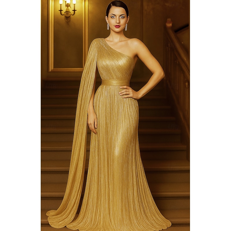 Gold Black A-Line Evening Gown Elegant Formal Dress Formal Wedding Floor Length Short Sleeve One Shoulder Capes Sequined with Glitter Pleats 2025