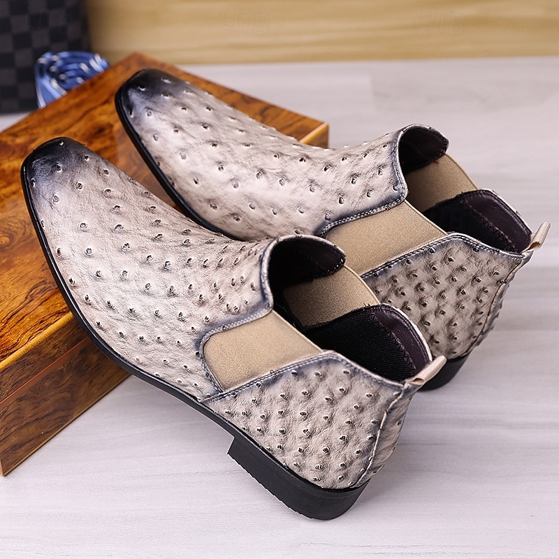 Men's Gray Faux Leather Chelsea Boots – Ostrich Pattern Slip-On Ankle Dress Shoes for Business, Formal Events and Daily Wear2