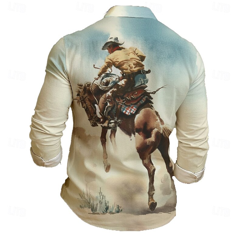 Men's Cowboy Riding Horse Shirt Western Shirt Button Up Shirt Long Sleeve Vintage Retro Outdoor Casual WorkWear Spring Fall Turndown 3D Print Collared Shirts Light Blue2