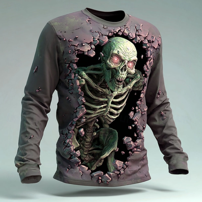Halloween Men's Grim Reaper Skeleton T Shirt Long Sleeve T shirt 3D Print Crew Neck Shirt Fashion Exaggerated Street Casual Daily Red Purple Brown Summer Spring Fall Clothing Apparel S M L XL XXL XXXL2