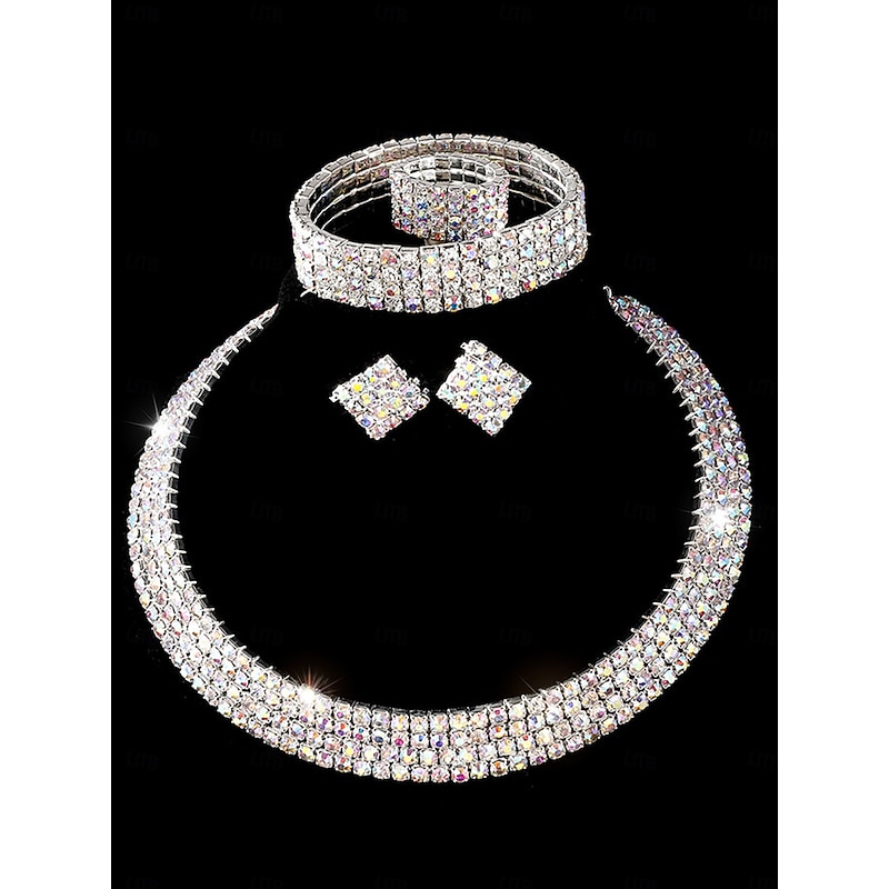 Women's 4-Piece Rhinestone Jewelry Set - Sparkly Necklace, Earrings, Bracelet and Ring for Ballroom Dance, Cocktail Party and Formal Events4