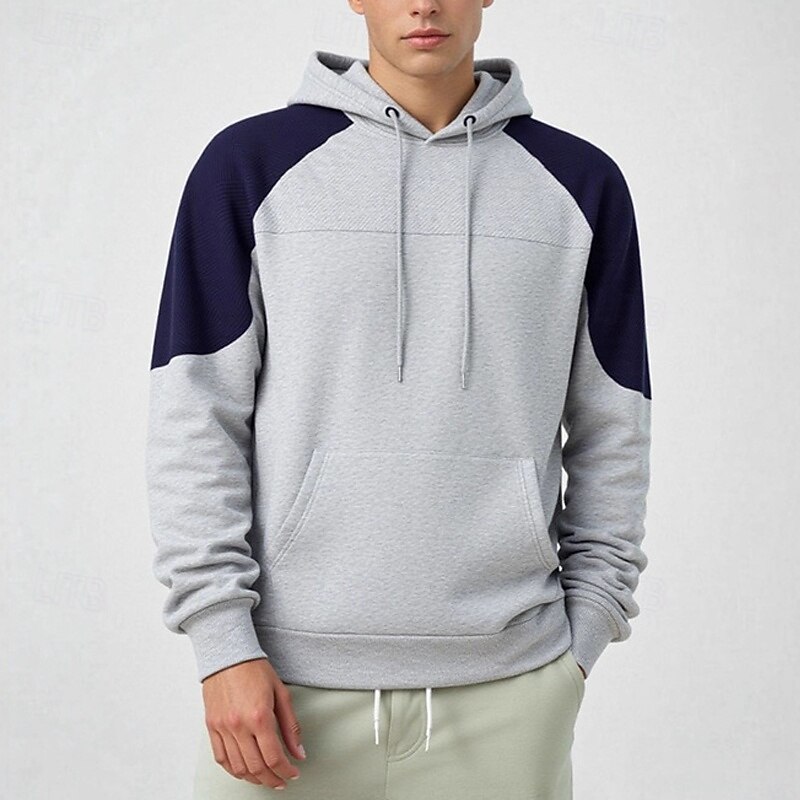 Men's Hoodie Black Navy Blue Khaki Gray Hooded Color Block Patchwork Pocket Sports & Outdoor Daily Holiday Polyester Streetwear Basic Casual Fall Winter Clothing Apparel Hoodies Sweatshirts