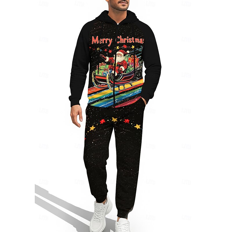 Christmas Men's Hoodie Tracksuit Zip Hoodie Drawstring Pockets Pants Hoodie Sweatshirt Fall Red / black Black / Orange Gym Workout Casual Basketball Baggy Long Sleeve Sport Activewear Stretchy3