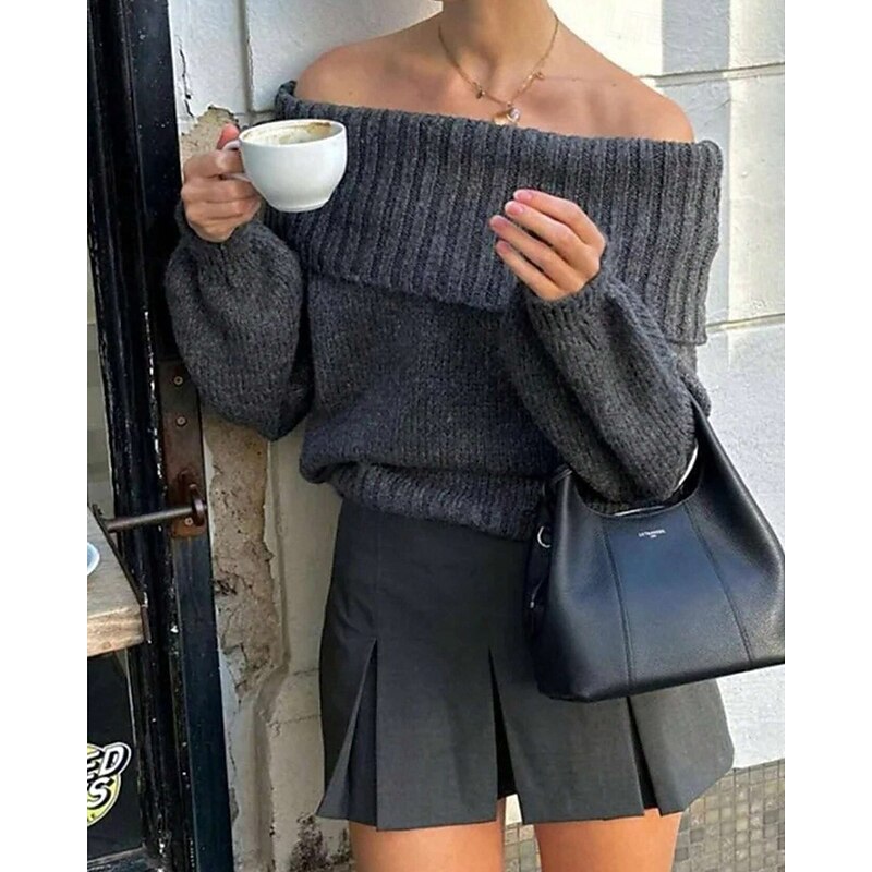 Women's Sweater Fashion Streetwear Casual Pure Color Ribbed Off Shoulder Knitted Cold Shoulder Long Sleeve Regular Tops Knit Outdoor Daily Weekend Black Khaki Fall Winter4