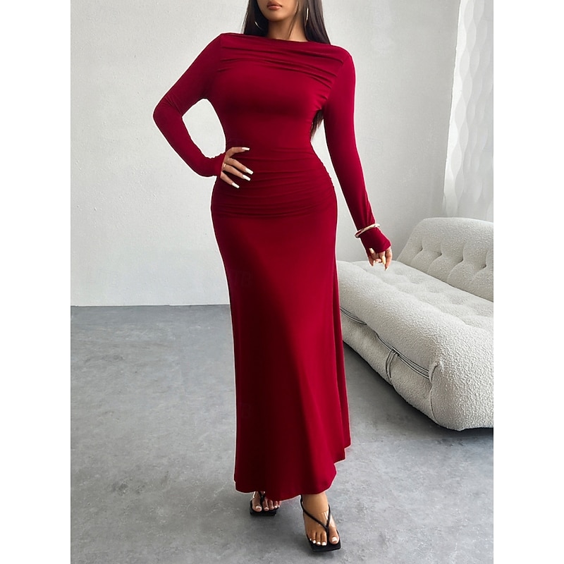 Women's Maxi Dress Sheath Dress Party Party Holiday Date Regular Fit Plain Long Sleeve Crew Neck Black Wine Brown Dark Gray Spring Fall