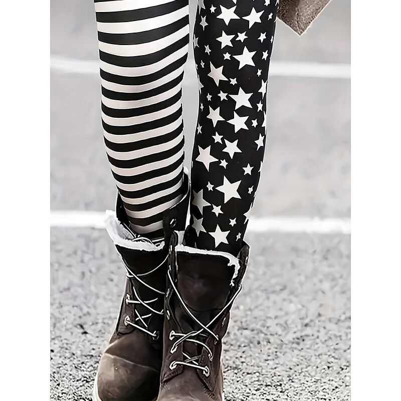 Women's Slacks Leggings Cozy Leggings Vacation Vintage Streetwear Full Length Natural Graphic Star Striped Elastic Waist Print Comfy Outdoor Comfortable Stretchy Outdoor Vacation Streetwear Black3