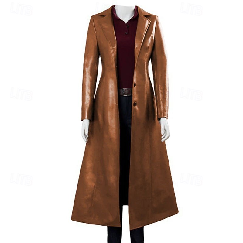 Women's Faux Leather Jacket Coat Warm Comfortable Pocket Buttons Casual Plain Vacation Street Daily Wear Going out Long Turndown Regular Fit Long Sleeve Outerwear Black Wine Blue Fall Winter4