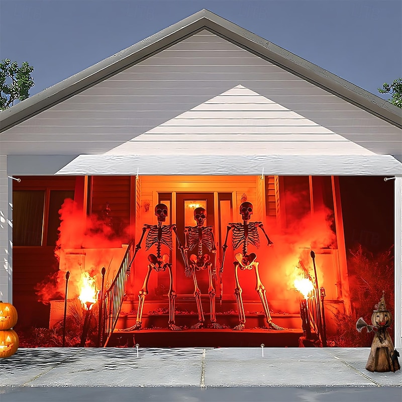 Halloween Tapestry Garage Door Cover Large Hanging Backdrop Skeleton Bloodstains 3D Dark Punk Gothic Style Party Outdoor Shooting Backgrounds Yard Haunted House Home Decor2