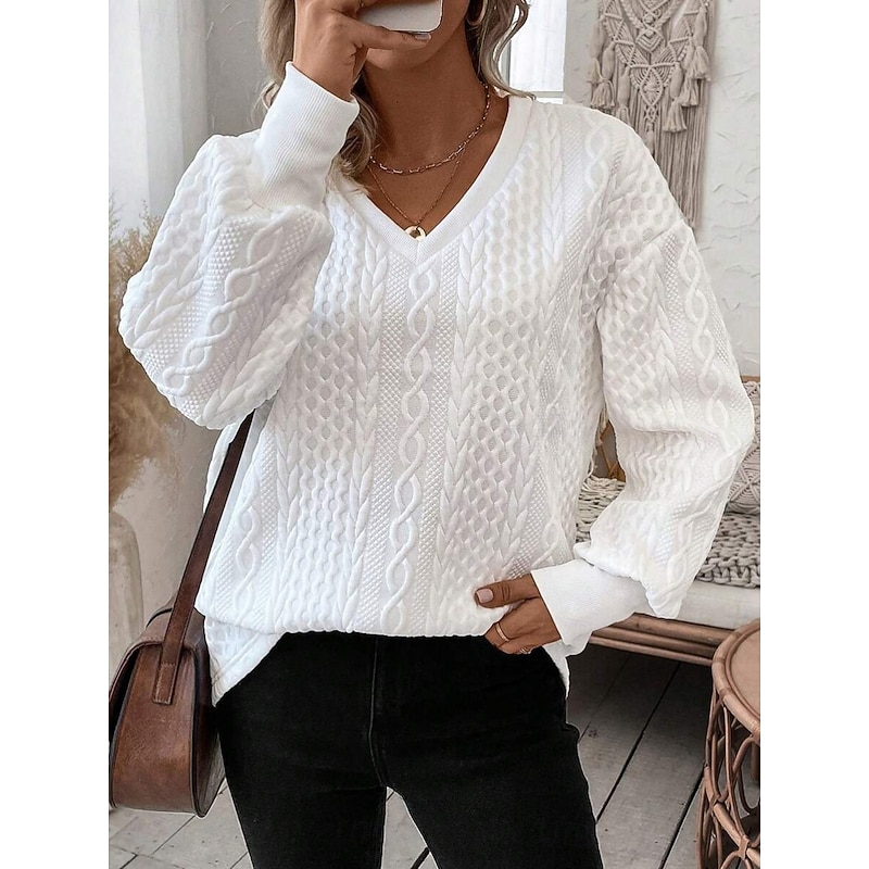 Women's Sweater Casual Soft Pure Color Ribbed V Neck Knitted Long Sleeve Regular Tops Knit Outdoor Daily Weekend White Fall Winter