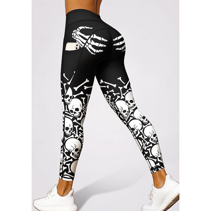 Women's Unisex pilates leggings fitness pants Gym Leggings Pockets Stamp Duty Side Pockets Pilates Gym Gym Workout Pants Tights Leggings Halloween Black-White Orange White Sports Activewear Stretchy3