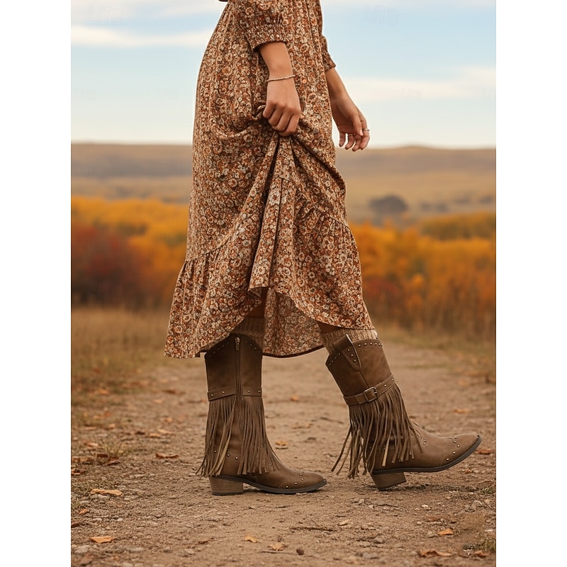 Women's Brown Faux Leather Fringe Knee-High Boots with Studded Details and Low Block Heels, Bohemian Western Cowboy Style Footwear