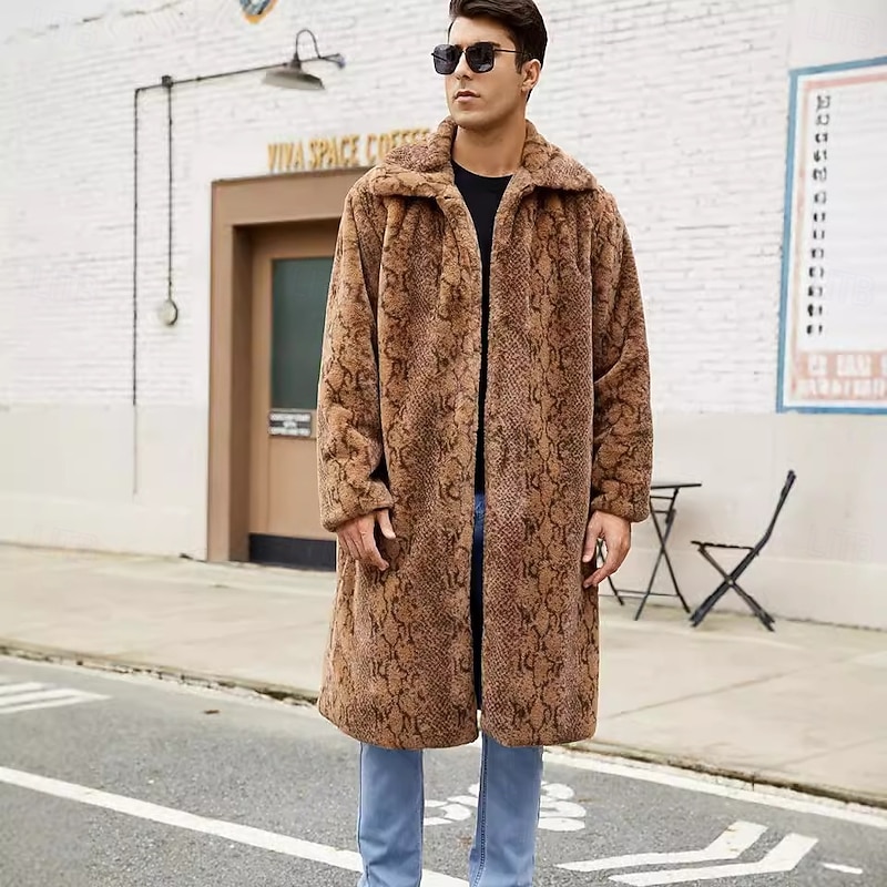 Men's Winter Coat Fur Coat Trench Coat Vacation Casual Winter Polyester Soft Outdoor Outerwear Clothing Apparel Warm Ups Comfort Leopard Pocket Lapel3