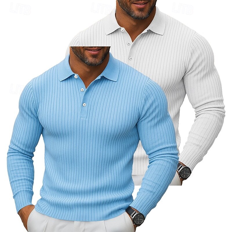 Men's Rib Knit Top Golf Polos Shirts Street Casual Lapel Long Sleeve Basic Modern Plain 2 Piece Buttons Spring Fall All Seasons Slim Fit Gray / Navy Gray / White Blue + White Blue + Gray Blue + Navy2
