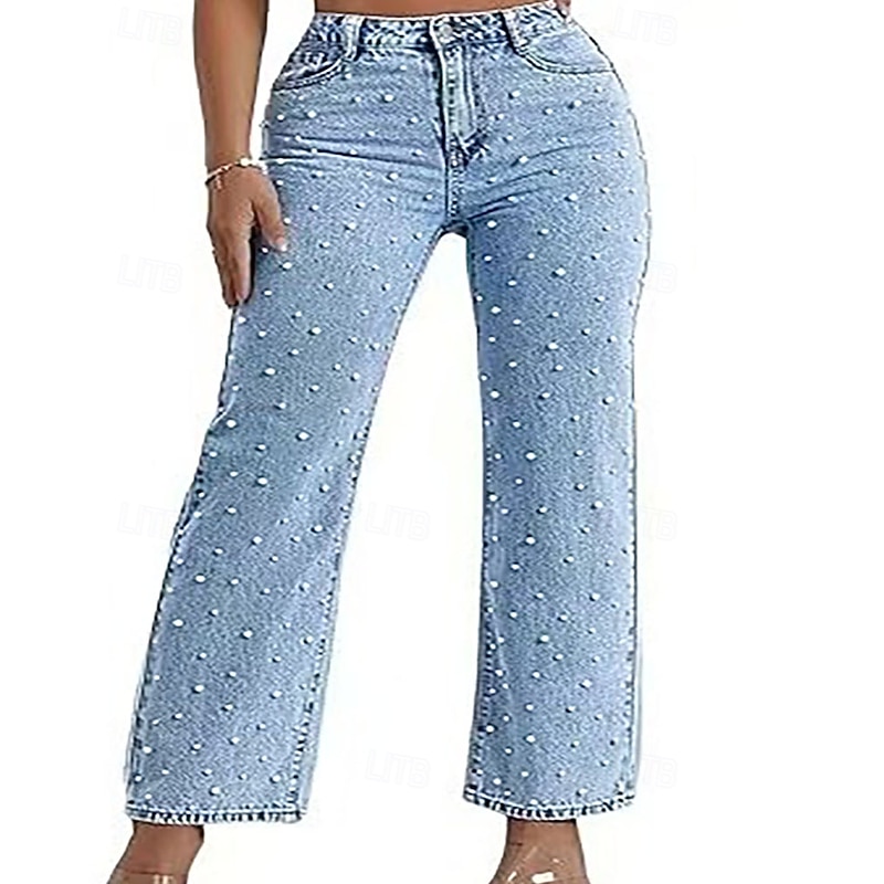 Women's Jeans Vacation Streetwear Full Length Medium Waist Polka Dot Pocket Comfortable Micro-elastic Outdoor Vacation Daily Dark Navy Light Blue Spring Fall Regular Fit