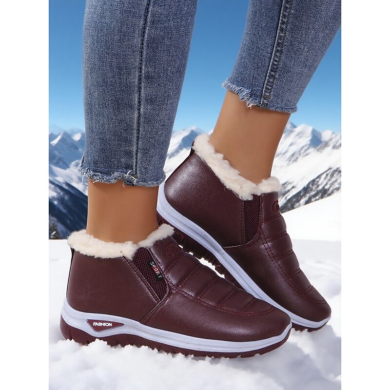 Women's Burgundy Waterproof Snow Boots with Faux Fur Lining – Warm Ankle Boots for Winter Outdoor Wear2