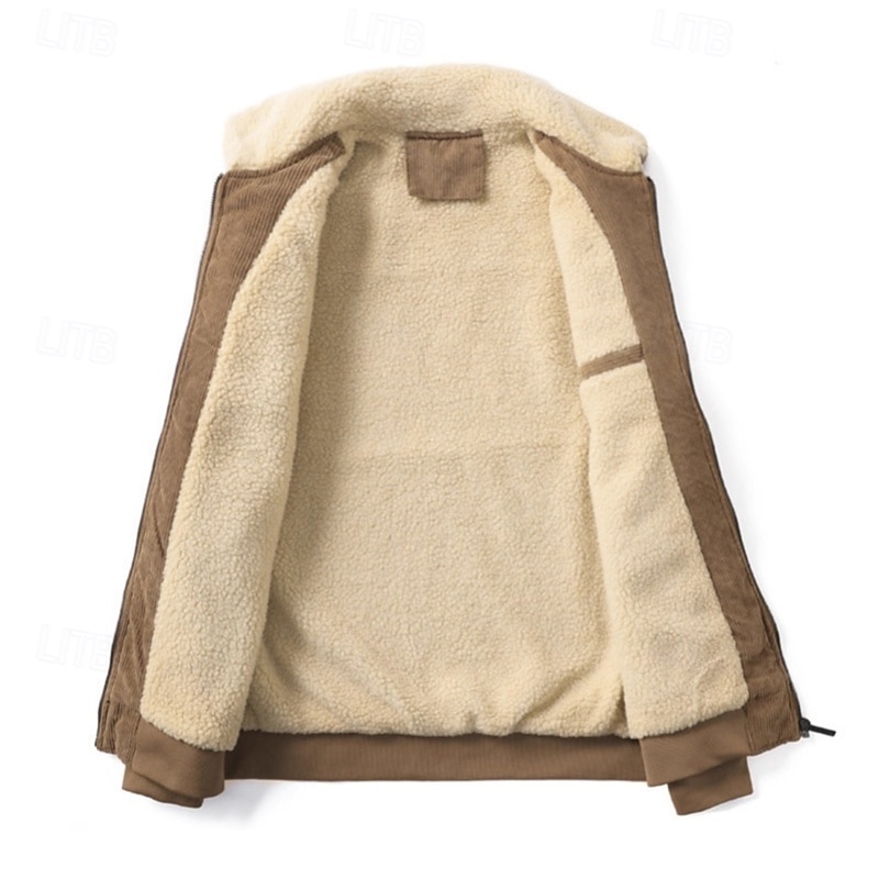 Men's Corduroy Jacket Fleece Jacket Formal Home Thermal Warm Pocket Fleece Collar Fall Winter Solid Color Active Neutral Regular Black Brown Gray Jacket3