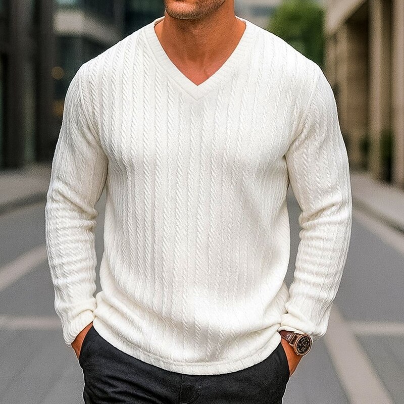 Men's Men V Neck Rib-knit Tee Ribbed Knit tee Tee Top Long Sleeve V Neck Spring Fall All Seasons Plain Jacquard Textured Modern Casual Comfortable Basic Home Street Casual White Navy Blue Royal Blue