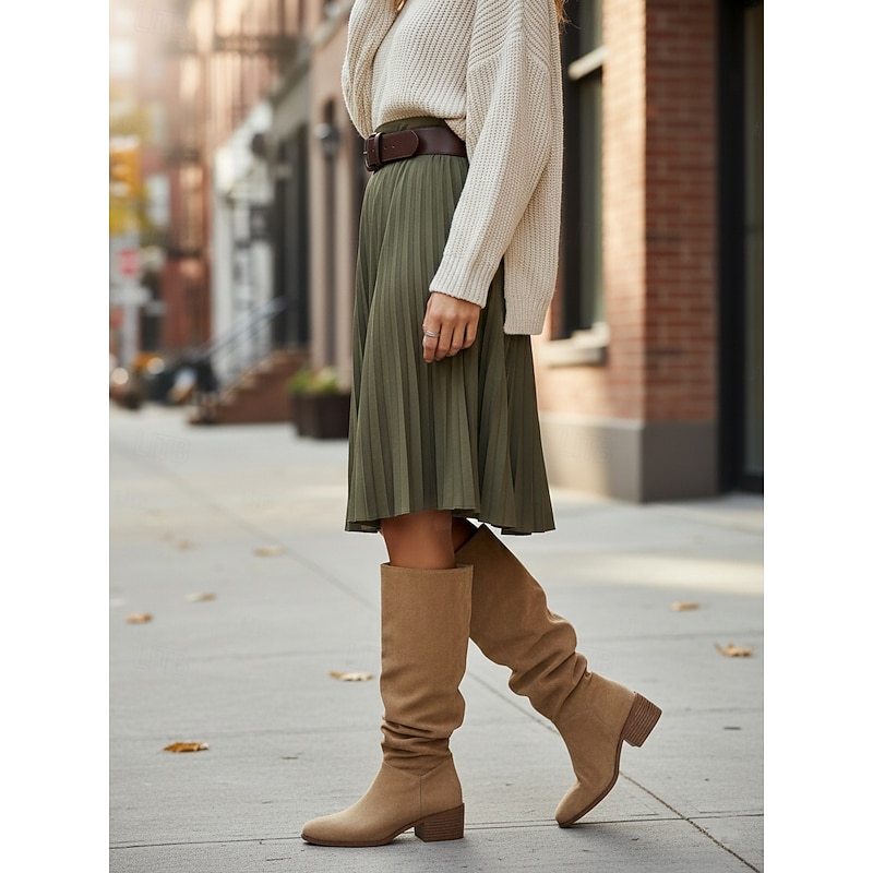 Women's Wide Calf Suede Slouchy Knee High Boots with Low Block Heel -Casual Comfortable Footwear for Fashionable Urban Streetwear and Everyday Outfits3