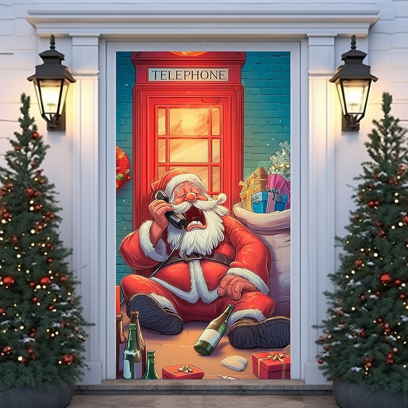 Christmas Door Cover Holiday Curtain Decoration Winter Theme Drapes Featuring Santa Claus And Phone Booth Print Large Fabric Panel Festive Home Decor For Living Room Bedroom Entryway Celebration