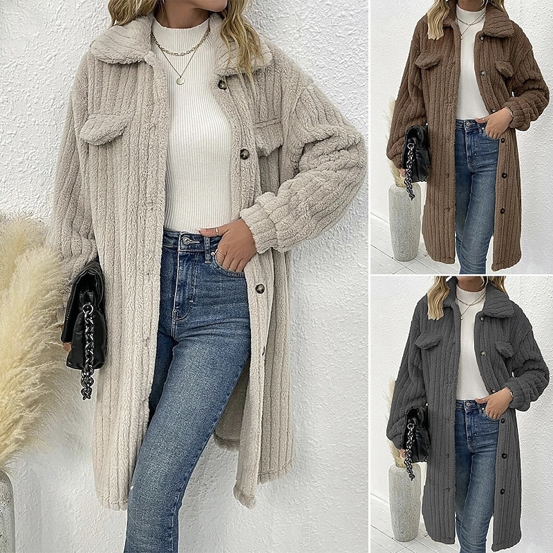 Women's Winter Coat Sherpa Jacket Comfortable Breathable Pocket Buttons Casual Plain Vacation Street Casual Daily Wear Single Breasted Long Turndown Regular Fit Long Sleeve Outerwear Black Wine Dark