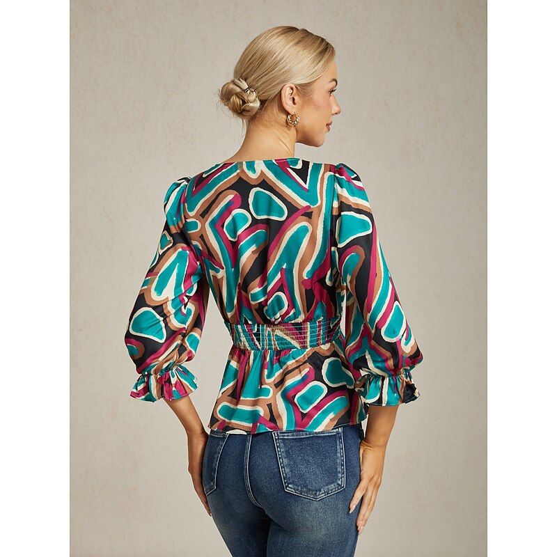 Colorful Abstract Print Satin Top with Cinched Waist2