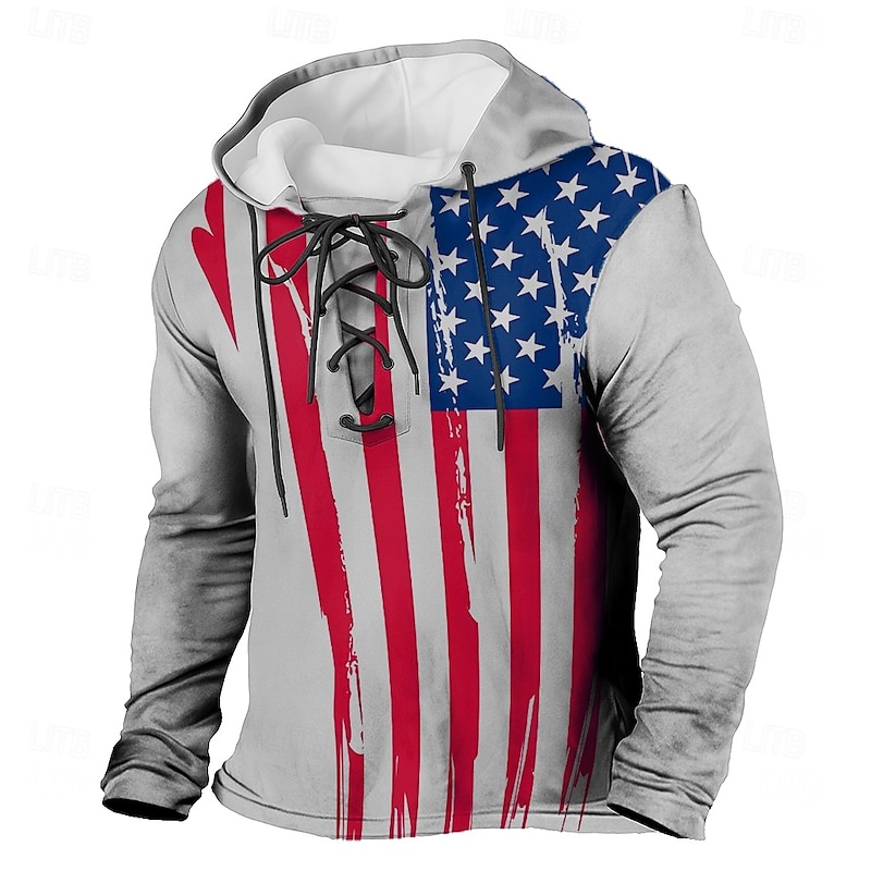 Men's American US Flag Hoodie Sweatshirt Fashion Daily Hooded Outdoor Home Black White Drawstring Fall Winter Designer