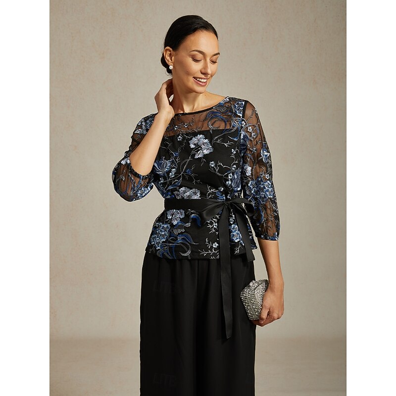 Women's Dressy Tops Elegant 3/4 Length Sleeve Crew Neck Wedding Guest Evening Party Semi Formal Embroidered Illusion Lace Black Spring Fall Winter4
