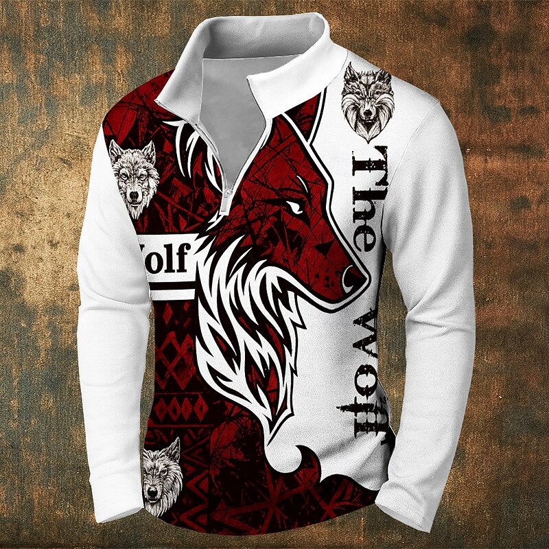 Men's Wolf Sweatshirt Vintage Retro Hunting Zip Outdoor Sports Outdoor Streetwear Black White Fall All Seasons Designer