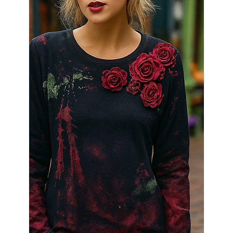 Halloween Women's T Shirt Floral Graphic Halloween Vintage Fashion Stylish Long Sleeve Crew Neck Round Neck Regular Tops Daily Weekend Print Wine Spring Fall Winter2