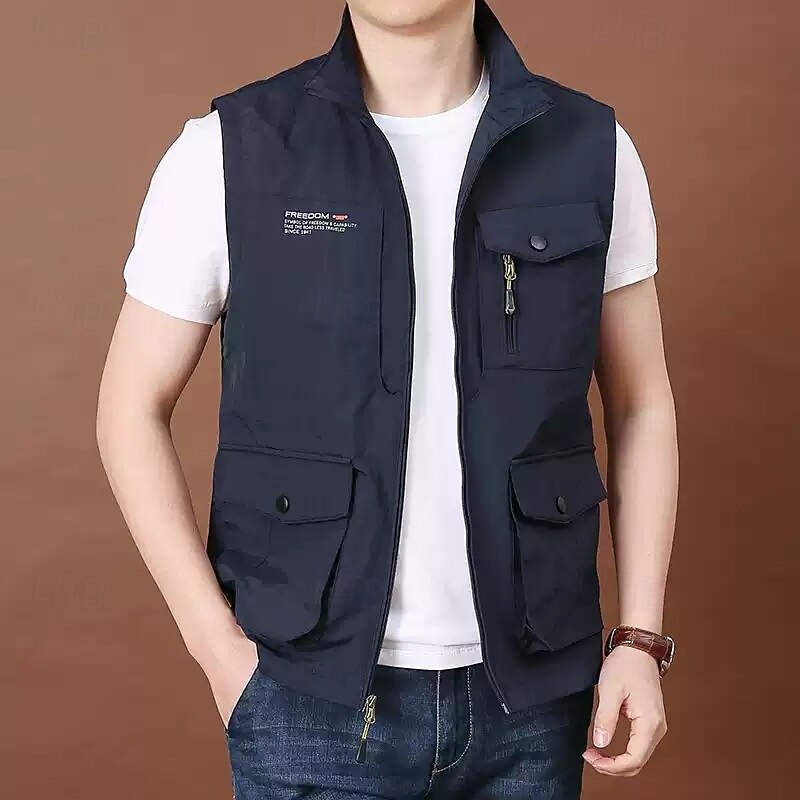 Men's Outdoor Vest Vest Fishing Vest Outdoor Daily Fashion Casual Spring Fall Pocket Nylon Comfortable Letter Zipper Stand Collar Regular Fit Black Royal Blue Khaki Army Green Vest4