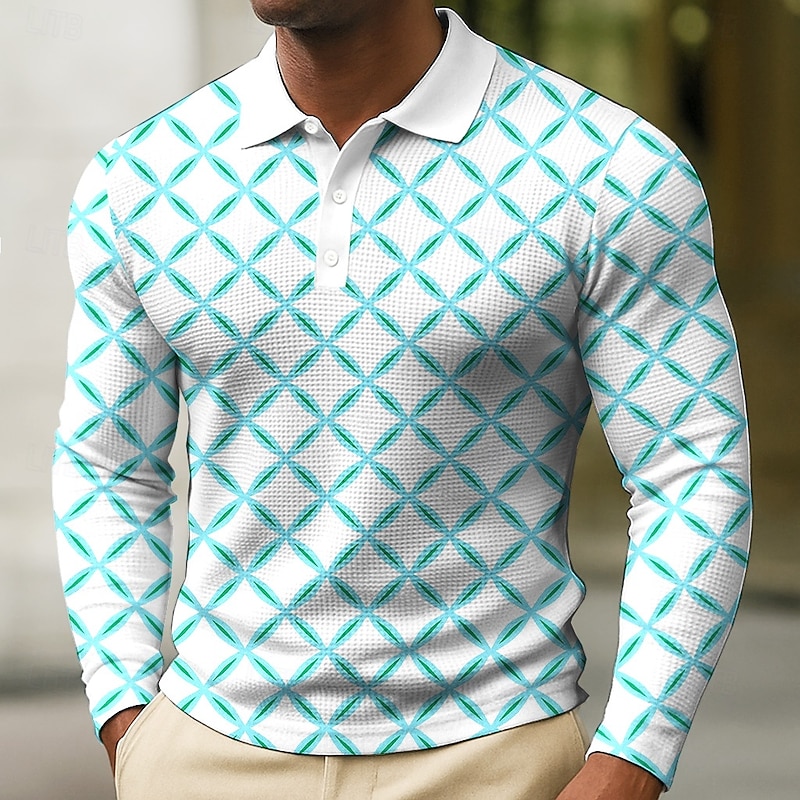 Men's Geometic Waffle Polo Shirts Long Sleeve Polo Shirts Collared Shirts Business Casual Business Wear to work Daily Wear Buttons Spring Fall Winter Blue Purple Green2