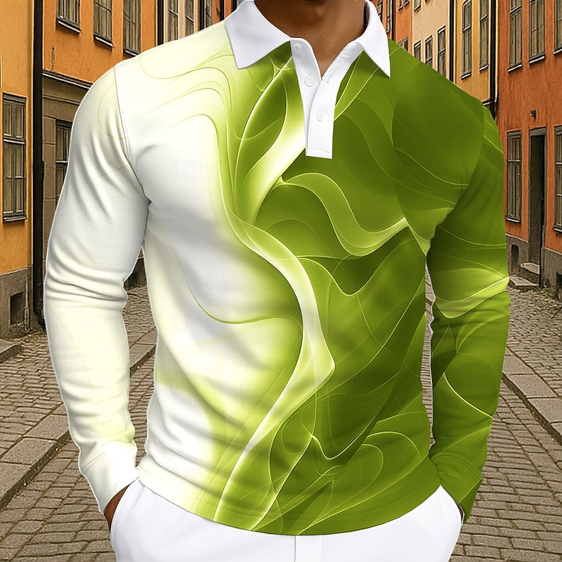 Men's Geometic Line Polo Long Sleeve Polo Shirts Lapel Business Casual Athleisure Daily Wear 3D Print Buttons Spring Fall Winter Red Blue Green3
