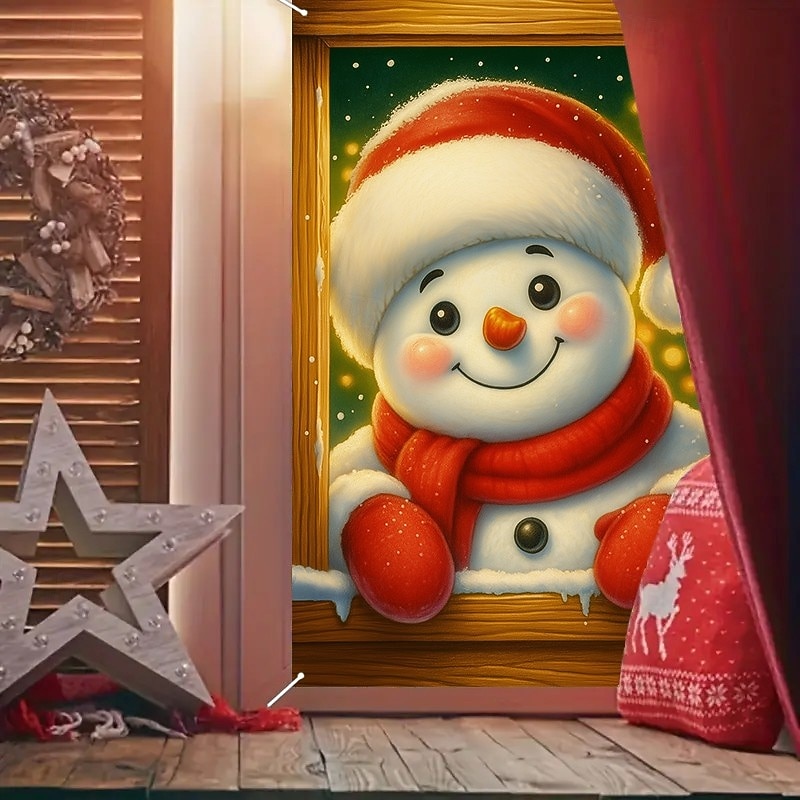 Christmas Snowman Friends Curtain, 2025 Xmas Cute Winter Window Curtain Door Cover for Holiday Decor, Kids Room, Front Door, Indoor Outdoor Hanging Tapestry