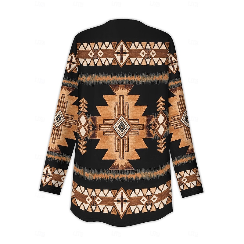 Women's Winter Coat Trench Coat Lightweight Comfortable Print Open Front Vintage Fashion Casual Boho Vintage Geometric Vacation Casual Long Collarless Regular Fit Long Sleeve Outerwear Black Beige3