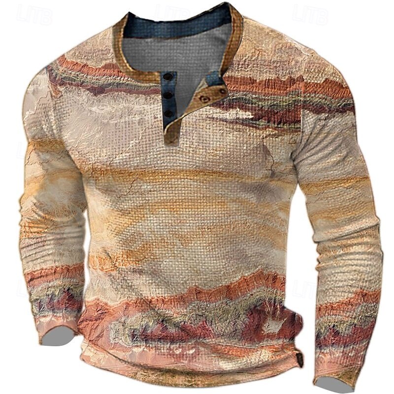 Men's Graphic Color Block Henley Shirt Waffle T Shirt Long Sleeve 3D Print Fashion Designer Casual Sports Outdoor Holiday Festival Spring &  Fall Yellow Blue Orange Gray Henley Henley T-Shirt