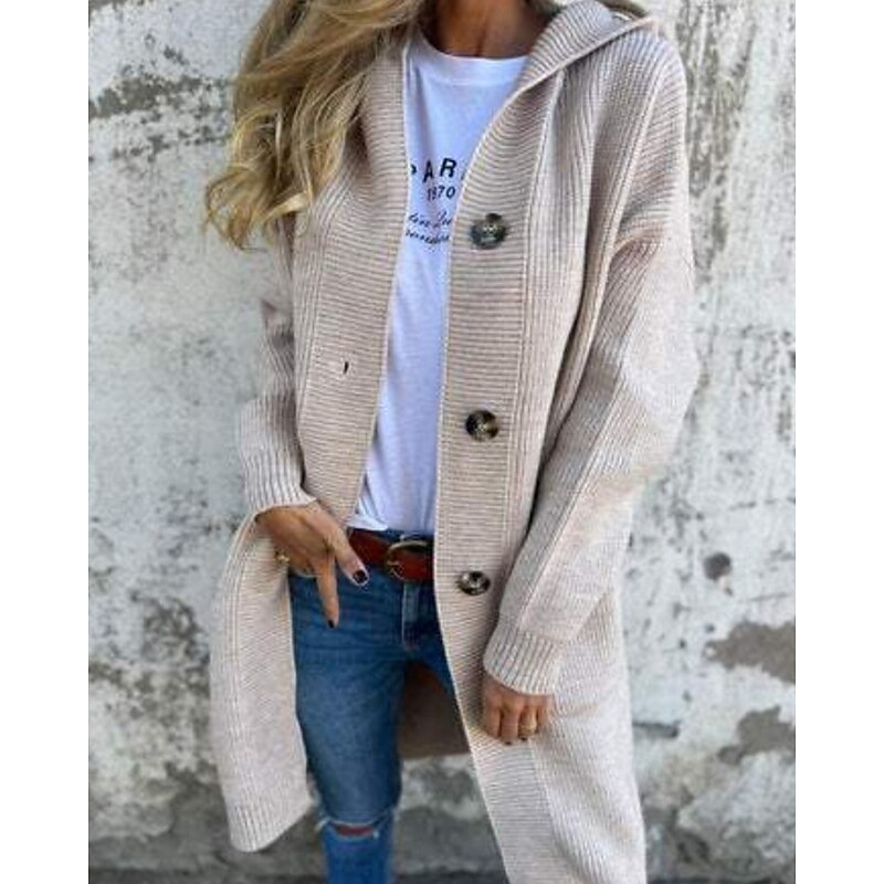 Women's Sweater Cardigan Streetwear Casual Solid Color Hooded Pocket Buttons Knitted Long Sleeve Long Tops Knit Daily Going out Weekend Black Yellow Fall Winter