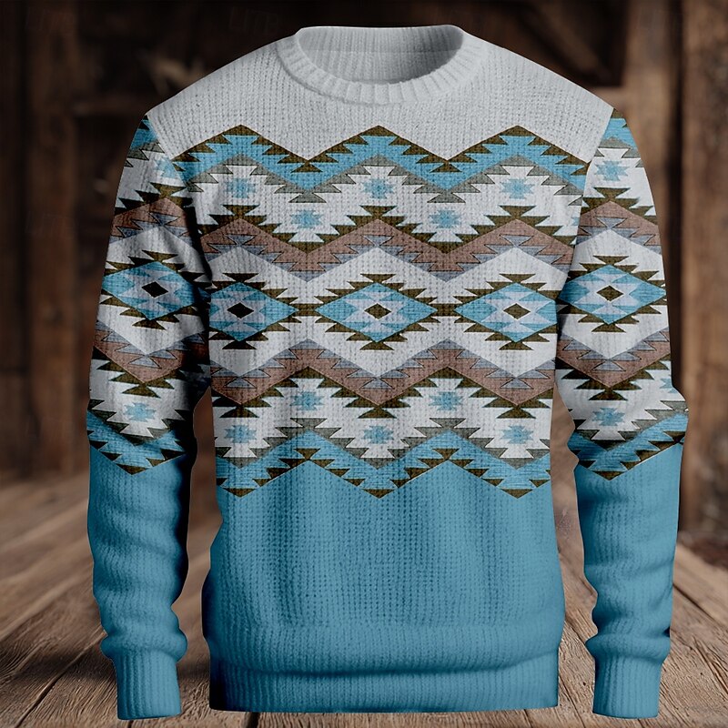 Christmas Men's Fair isle Sweater Pullover Sweater Jumper Knitwear Crewneck Casual Vacation Daily 3D Print Keep Warm Long Sleeve Spring Fall Winter Blue Orange2