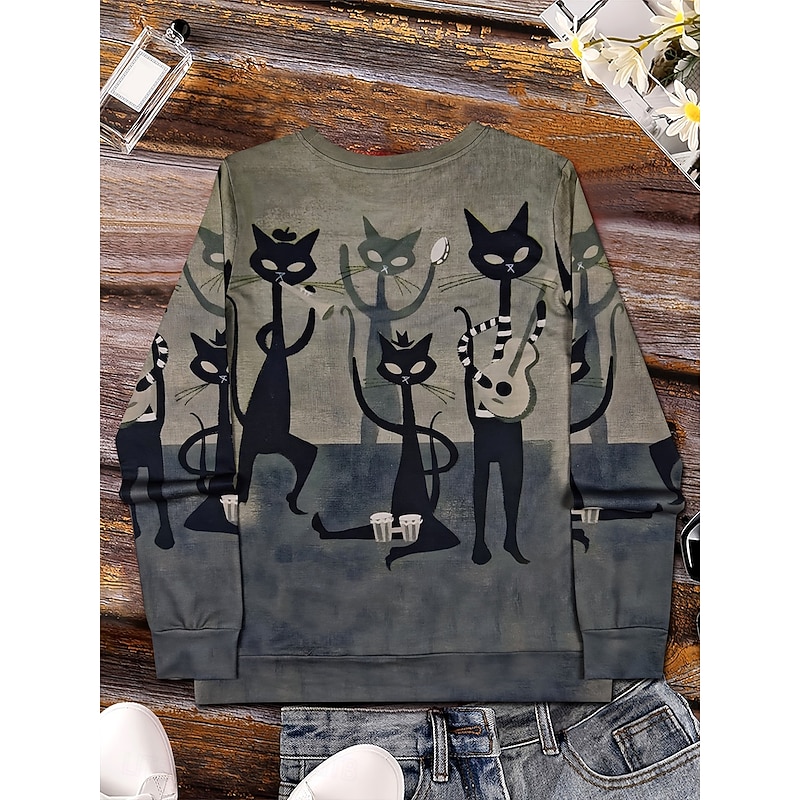 Women's Pullover Sweatshirt Hoodies Graphic Cat Halloween Fashion Casual Long Sleeve Crew Neck Round Neck Regular Tops Street Dailywear Print Dark Gray Spring Fall Winter2