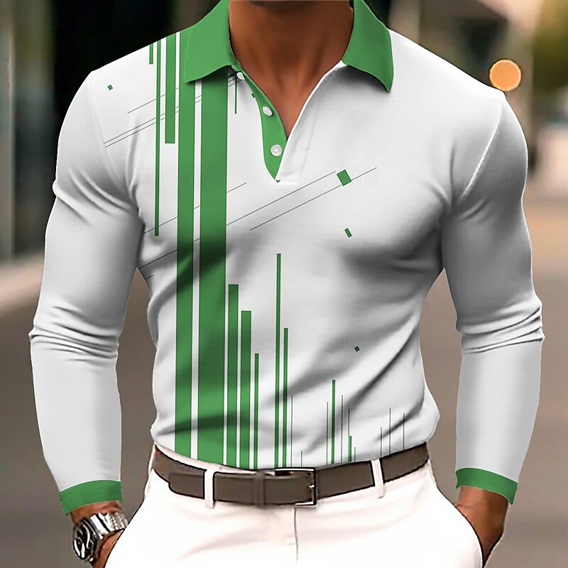 Men's Geometic Polo Long Sleeve Polo Shirts Lapel Business Casual Athleisure Daily Wear 3D Print Buttons Spring Fall Winter White Blue Green2