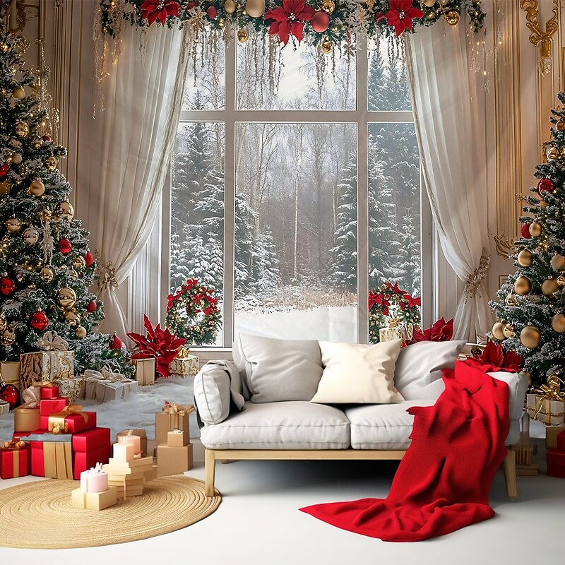 Chrismas Hanging Tapestry Snowman Outside Window Santa Claus Christmas Tree Large Wall Art Mural Decor Blanket Curtain Holiday Home Bedroom Living Room Festive Seasonal Party Decoration2
