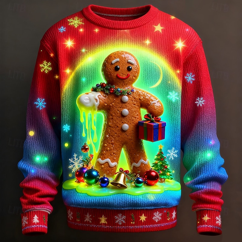 Ugly Christmas Sweater Men's Cartoon Bell Pullover Sweater Jumper Knitwear Crewneck Casual Vacation Daily Festival 3D Print Keep Warm Long Sleeve Spring Fall Winter Red Blue Purple