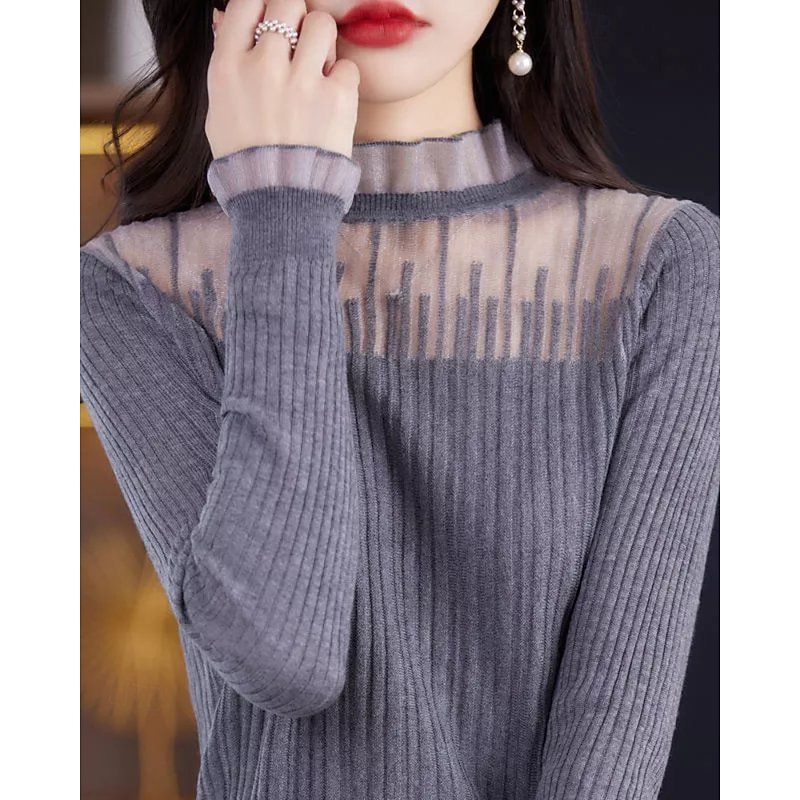 Women's Sweater Pullover Streetwear Casual Solid Color Stand Collar Lace Patchwork Knitted Long Sleeve Regular Tops Knit Daily Holiday Going out Black White Fall Winter3