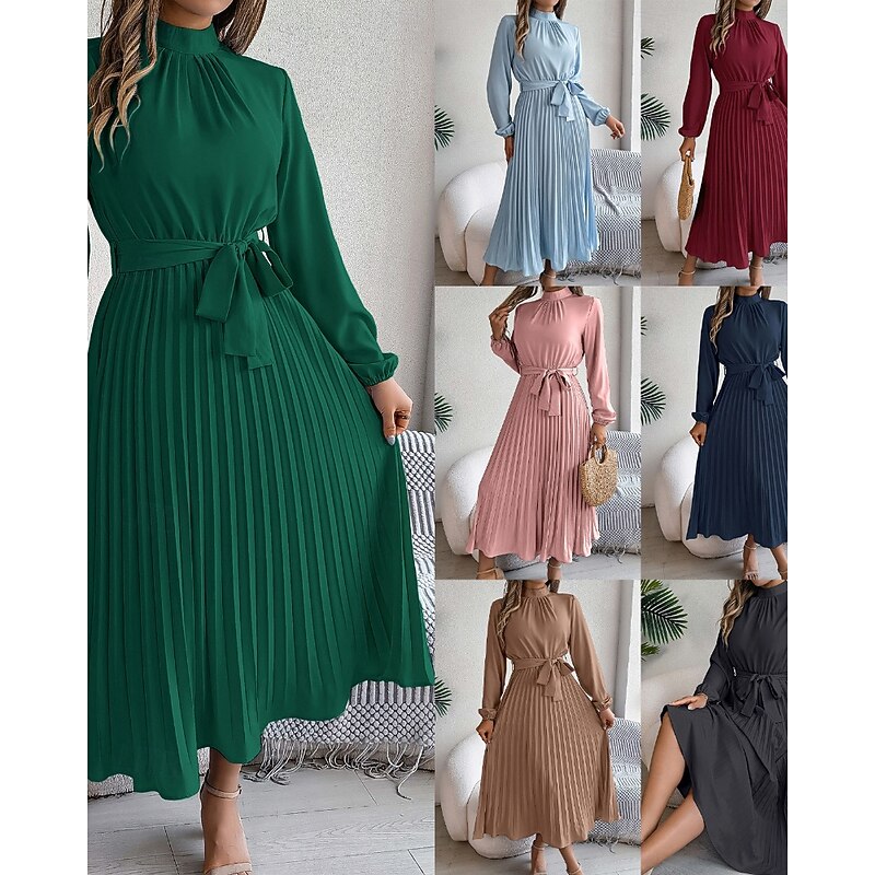 Women's Midi Dress Party Dress Cocktail Dress Satin Dress Ruched Dress Elegant Modern Party Evening Party Date Regular Fit Plain Long Sleeve Stand Collar Black Pink Wine Green Fall Winter
