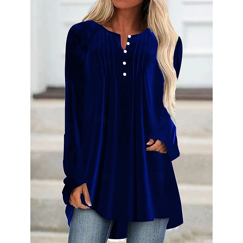 Women's Blouse Solid Color Elegant Stylish Basic Long Sleeve Crew Neck Long Tops Daily Ruched Buttons Wine Blue Green Spring Fall3