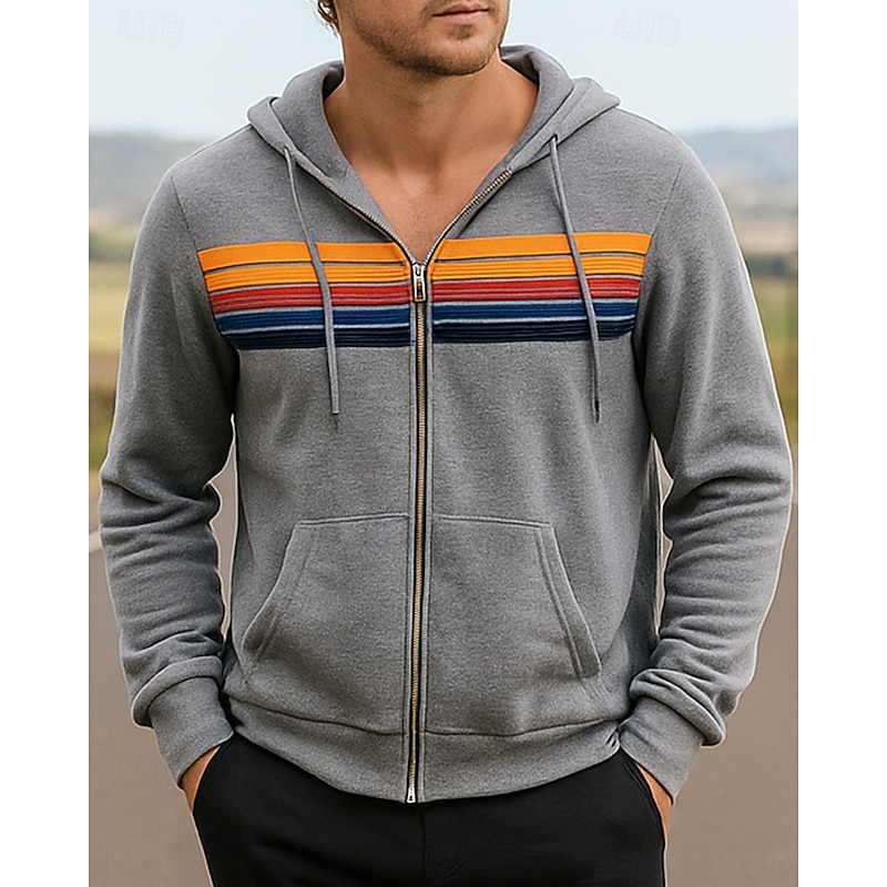 Men's Hoodie Sweatshirt Zip Up Sweatshirt Drawstring Long Sleeve Top Athleisure Stripes Fashion Warm Hiking Travel Vacation Sportswear Activewear Black White Blue3