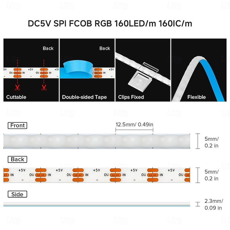 5V 5MM Width 1-5M COB WS2812B IC RGB 160LED/m LED Strip Individual Addressable Flexible High Density Uniform Light Dream Chasing Color4