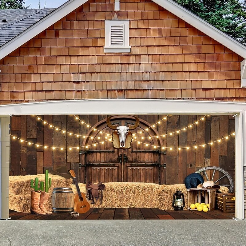 Garage Door Cover Large Hanging Backdrop Cowboy Barn Bull Skull Western Rustic Cottagecore Party Outdoor Shooting Backgrounds Front Door Home Decor3