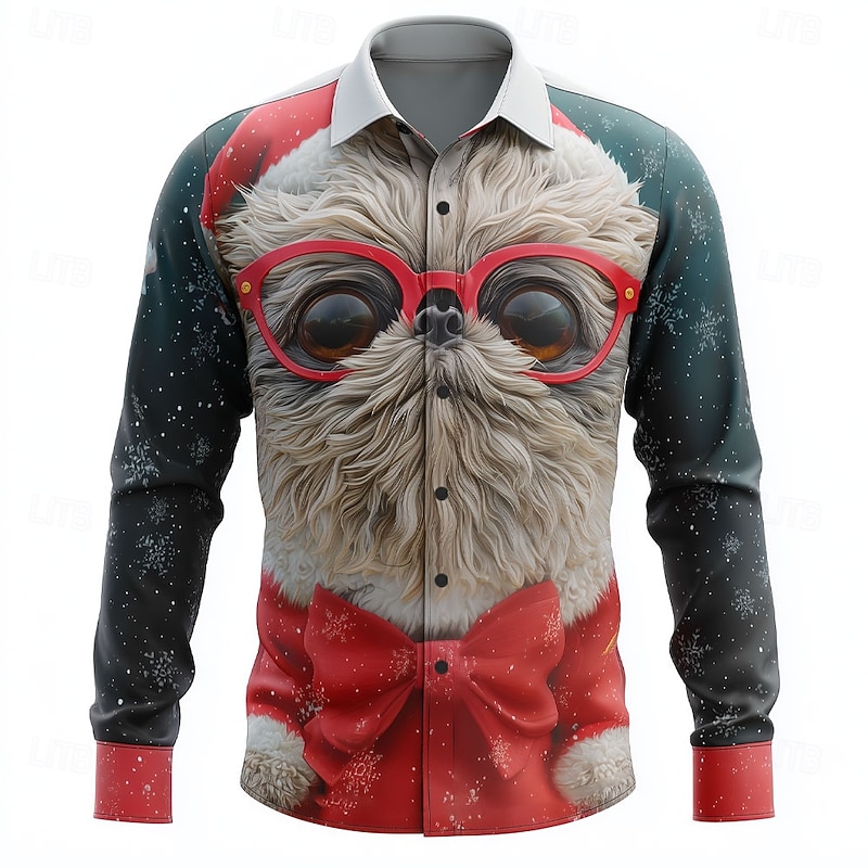 Christmas Men's Animal Dog Ostriches Shirt Button Up Shirt Long Sleeve Funny Outdoor Holiday Spring Fall Turndown 3D Print Collared Shirts Red 1 White Red Dark Green2